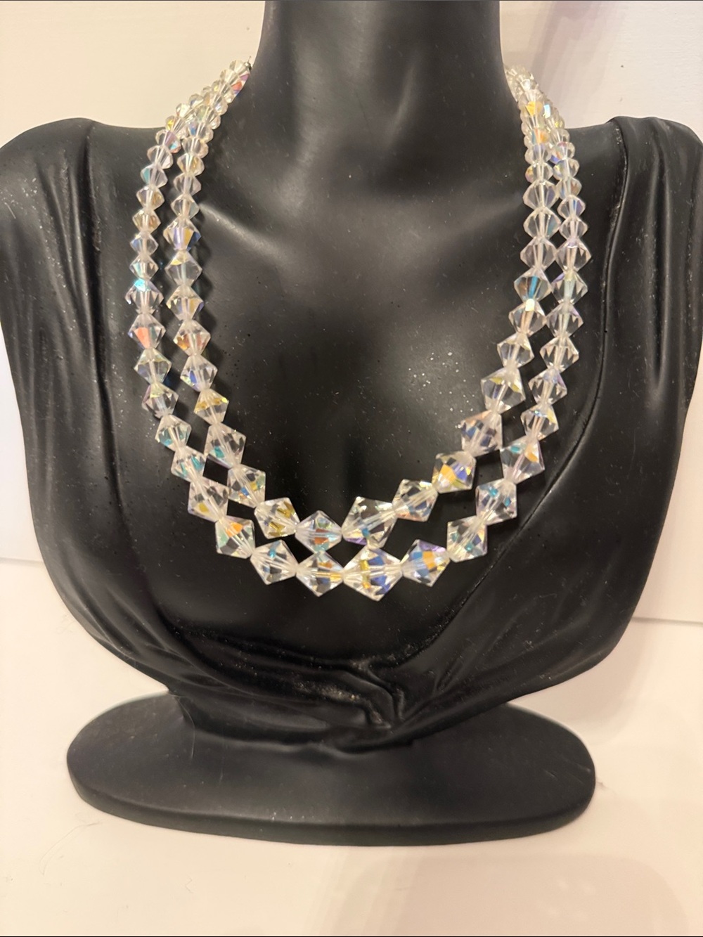 NECKLACE DOUBLE STRAND CRYSTALS VINTAGE AB 15” AURORA BOREALIS CHOKER GRADUATED